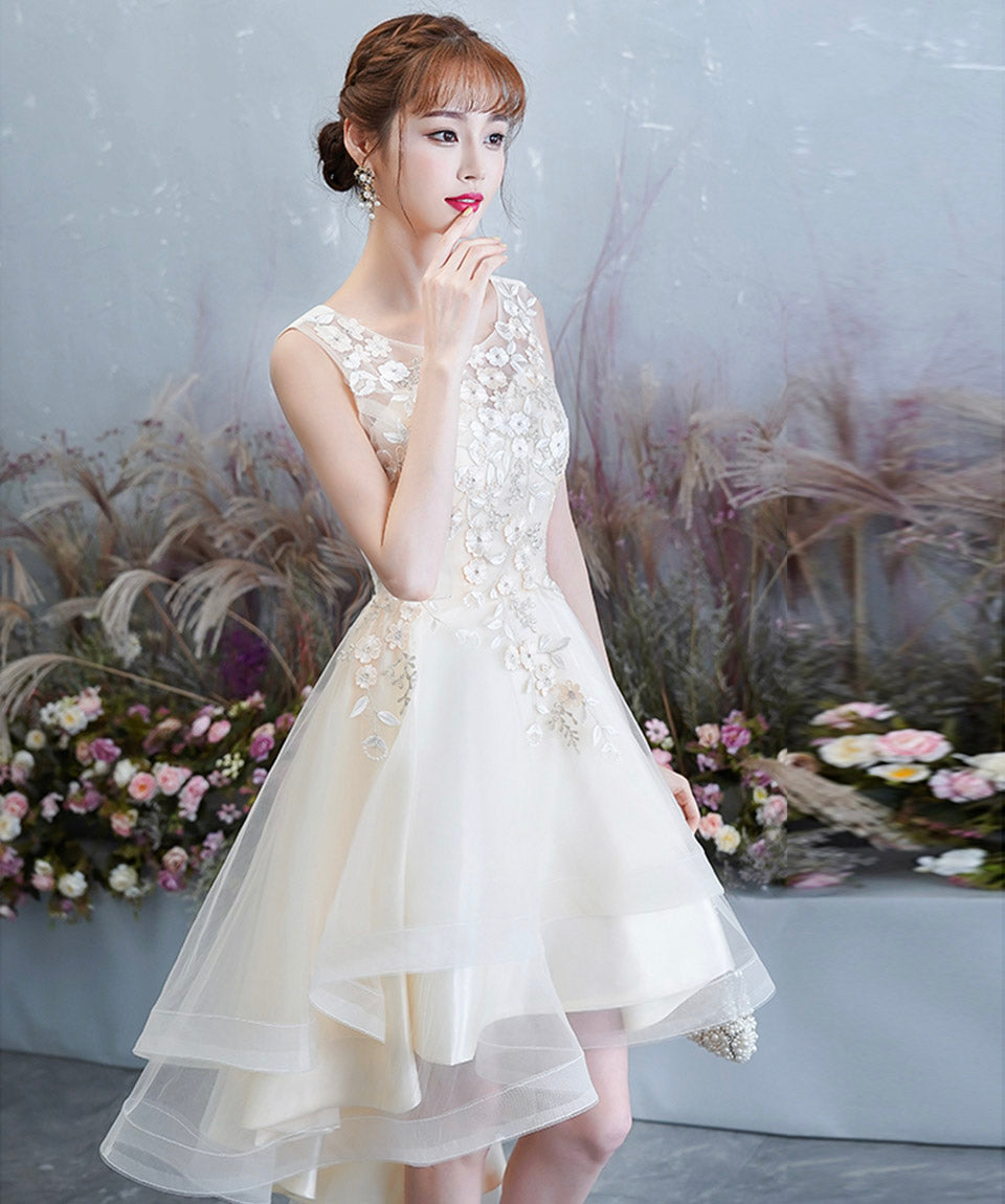 Champagne tulle lace high low prom dress party dress  8420