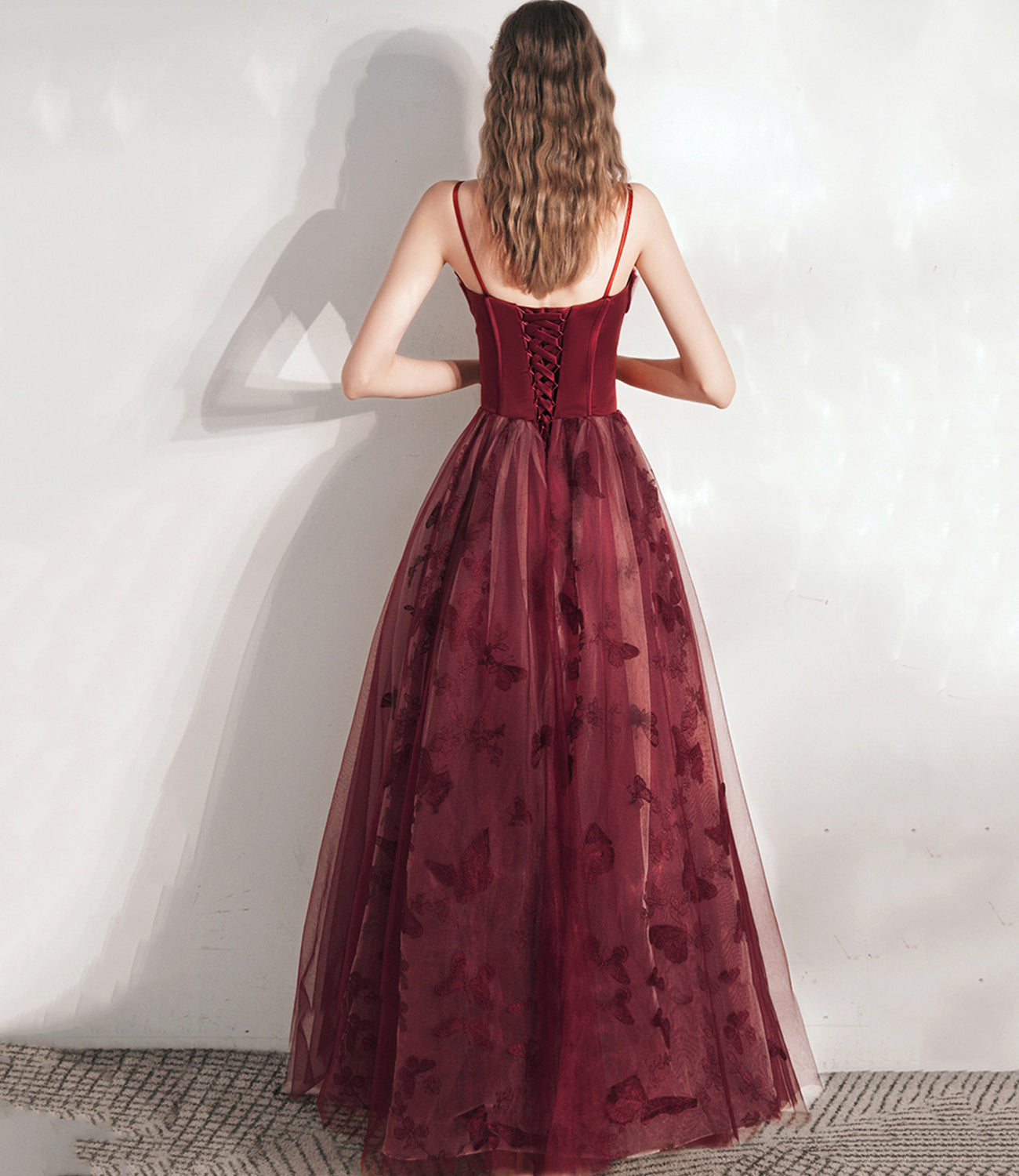 Burgundy tulle long A line prm dress evening dress  8799