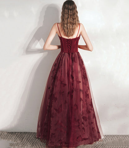 Burgundy tulle long A line prm dress evening dress  8799