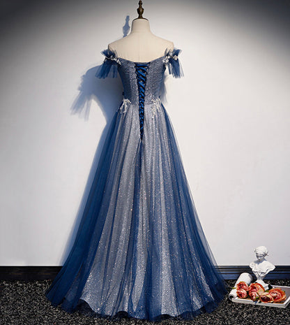Shiny tulle sequins long prom dress blue evening dress  8429
