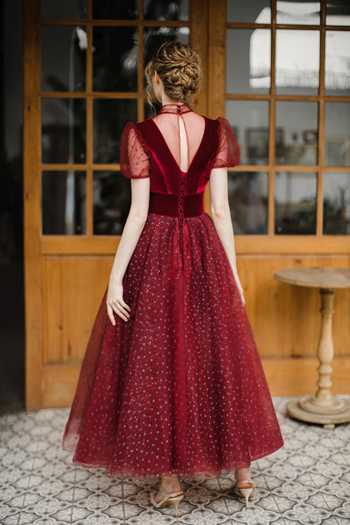 Burgundy tulle short prom dress A line evening dress  8647
