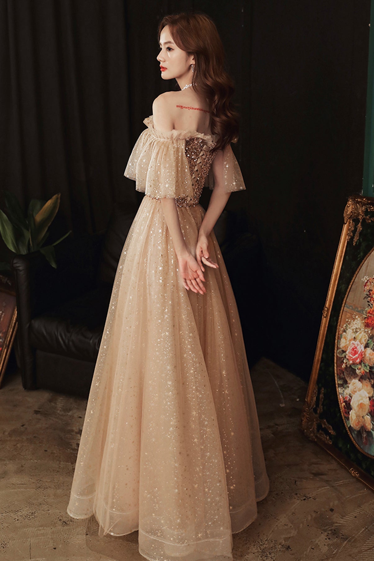 Gold sequins long A line prom dress evening dress  8859