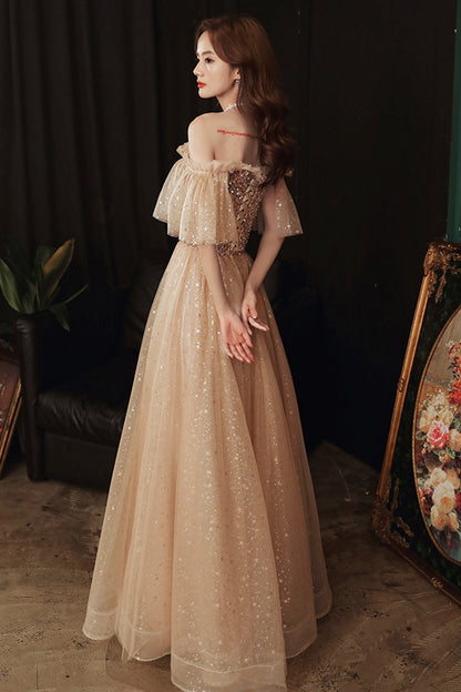 Gold sequins long A line prom dress evening dress  8859