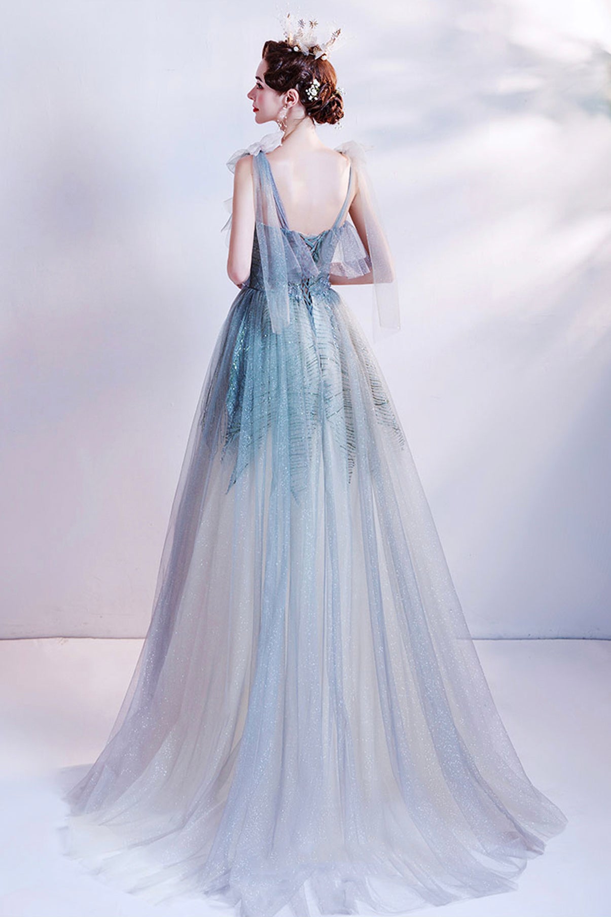 Cute tulle long A line prom dress evening dress  8703