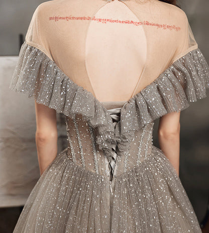 Gray tulle sequins long ball gown dress formal dress  8558