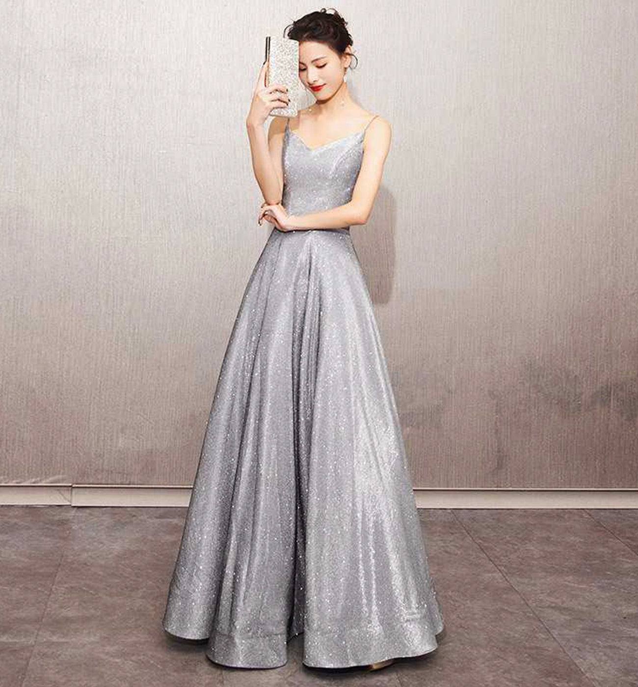 Shiny satin long A line prom dress simple evening dress 8588