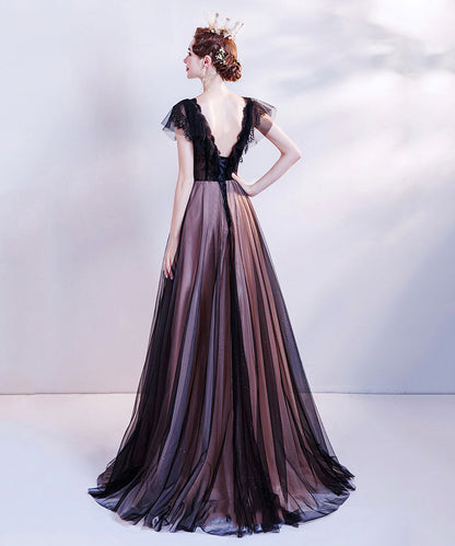 Black v neck tulle long prom dress evening dress  8512