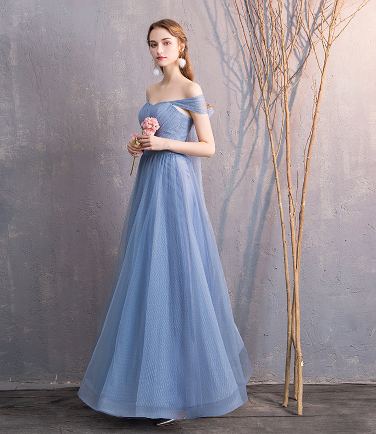 Blue tulle long prom dress simple evening dress  8866