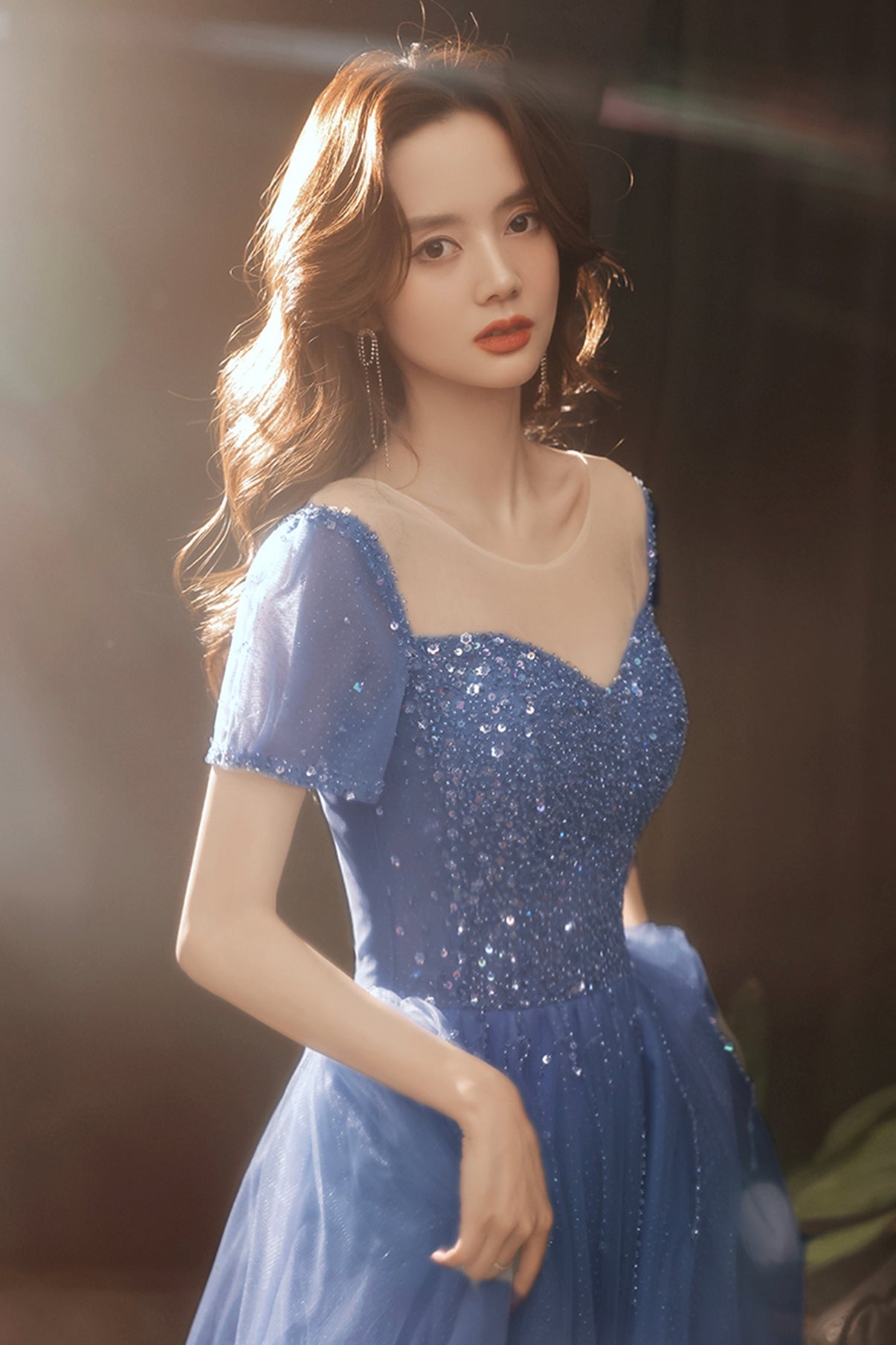 Cute tulle beads long A line prom dress evening dress  8727