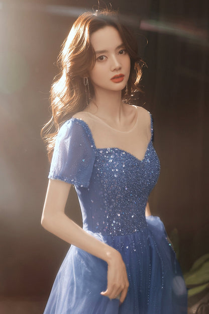 Cute tulle beads long A line prom dress evening dress  8727