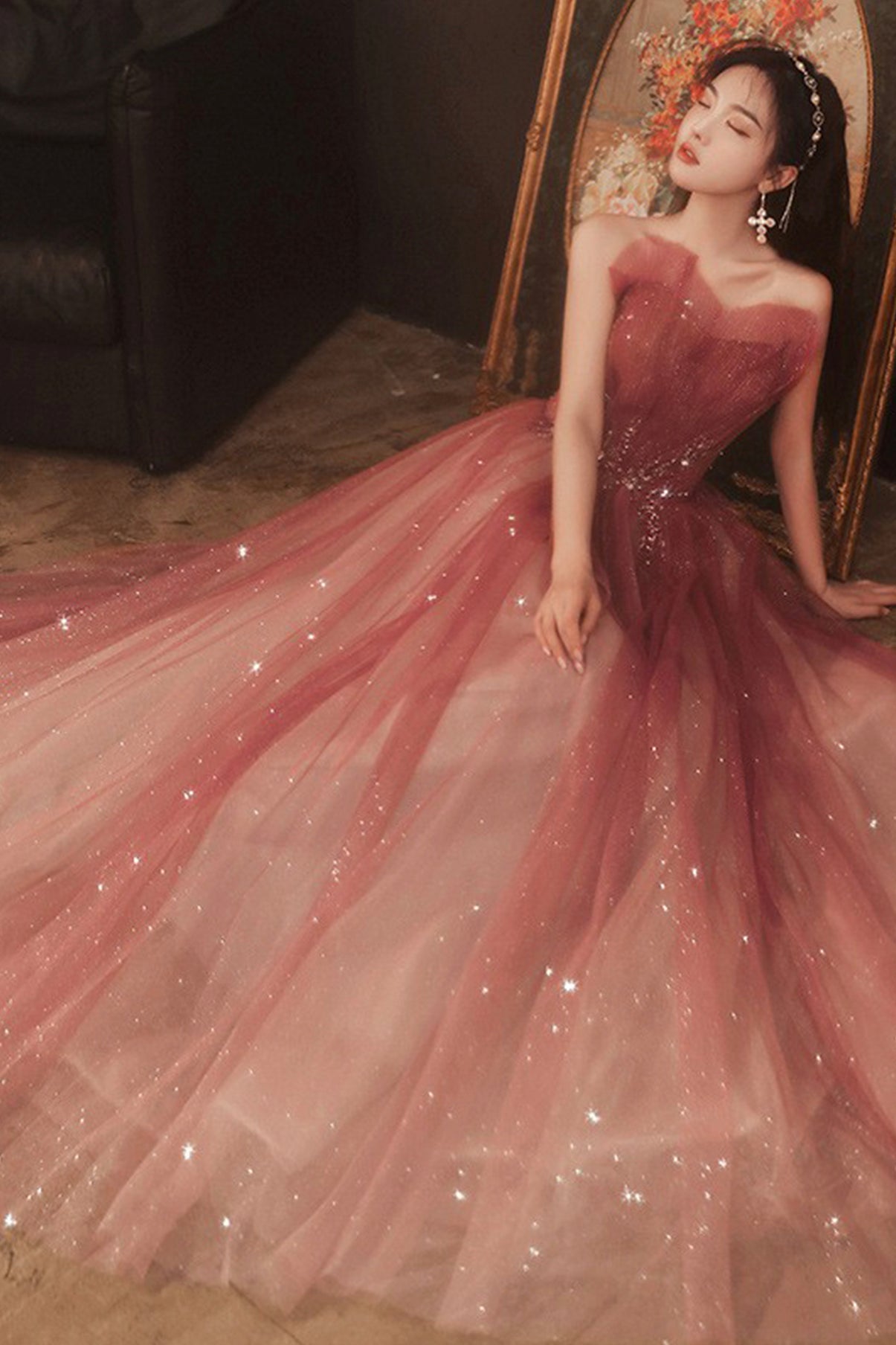 Shiny tulle sequins long prom dress A line evening dress  8580