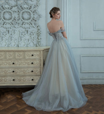 Grey tulle beads long prom dress evening dress  8498