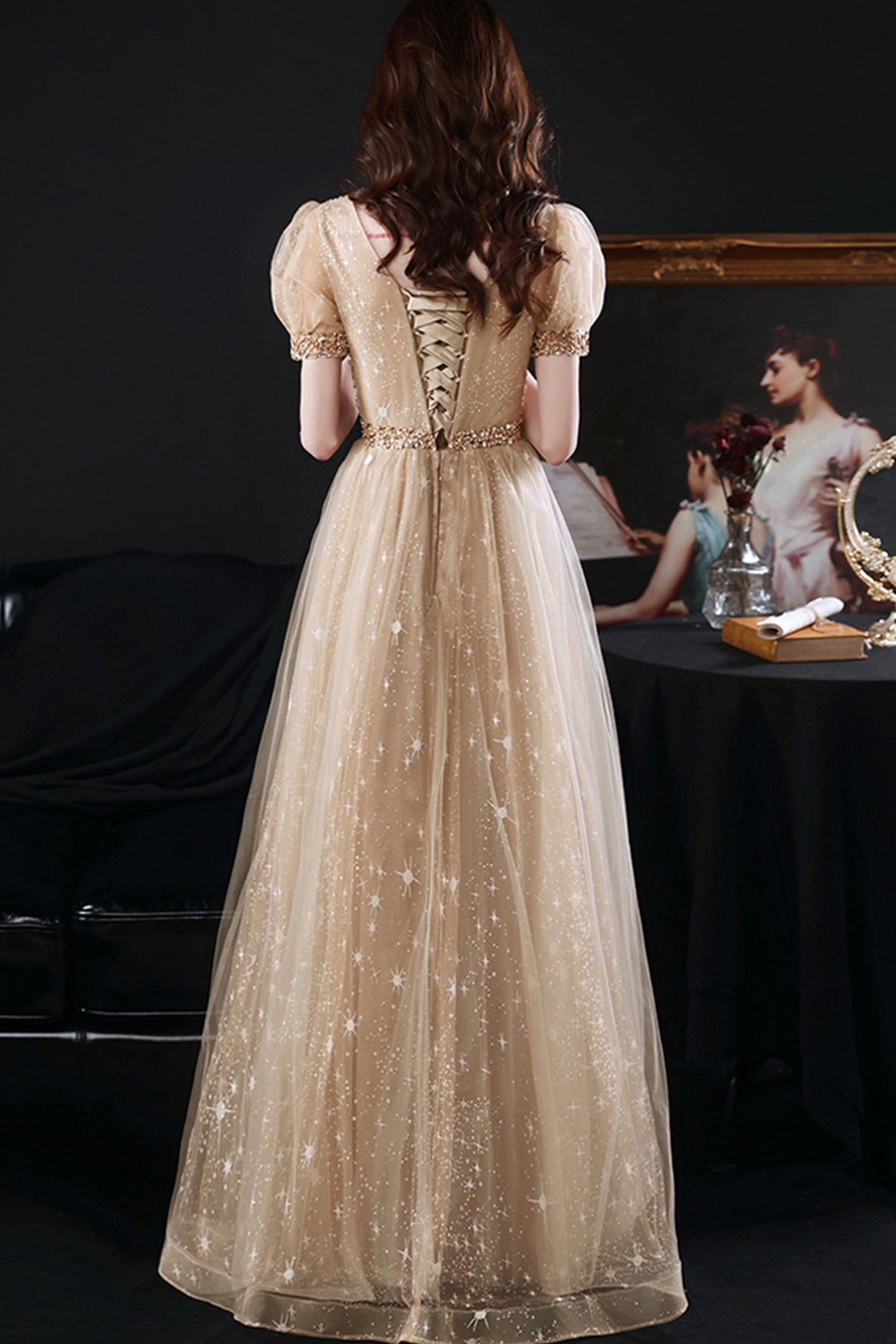 Gold tulle beads long A line prom dress evening dress  8860