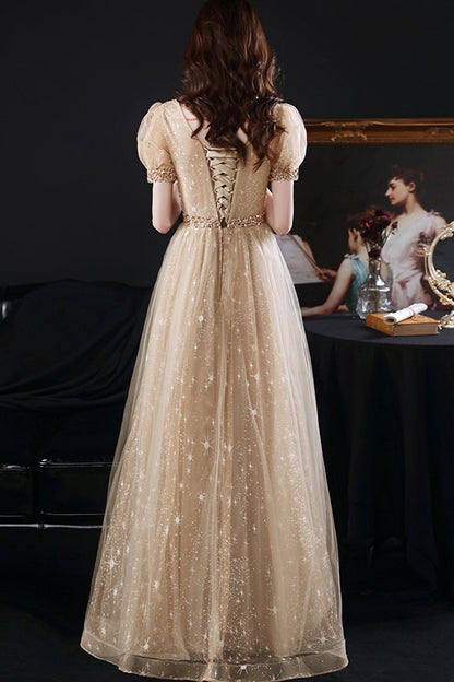 Gold tulle beads long A line prom dress evening dress  8860