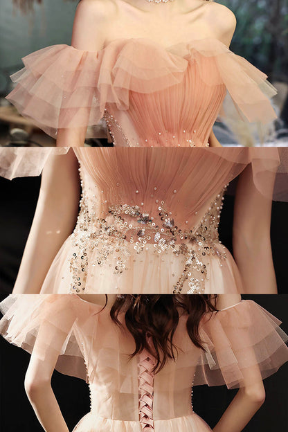 Pink tulle sequins long prom dress evening dress  8600