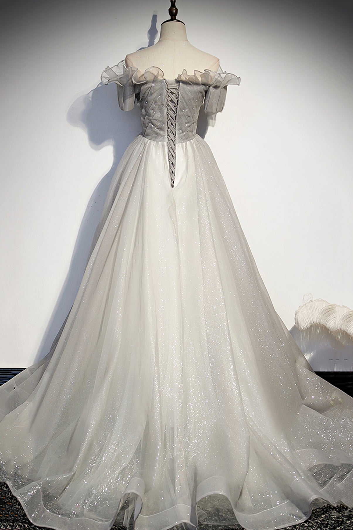 Silver tulle long ball gown dress formal dress  8598