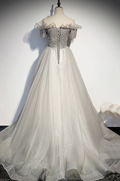 Silver tulle long ball gown dress formal dress  8598