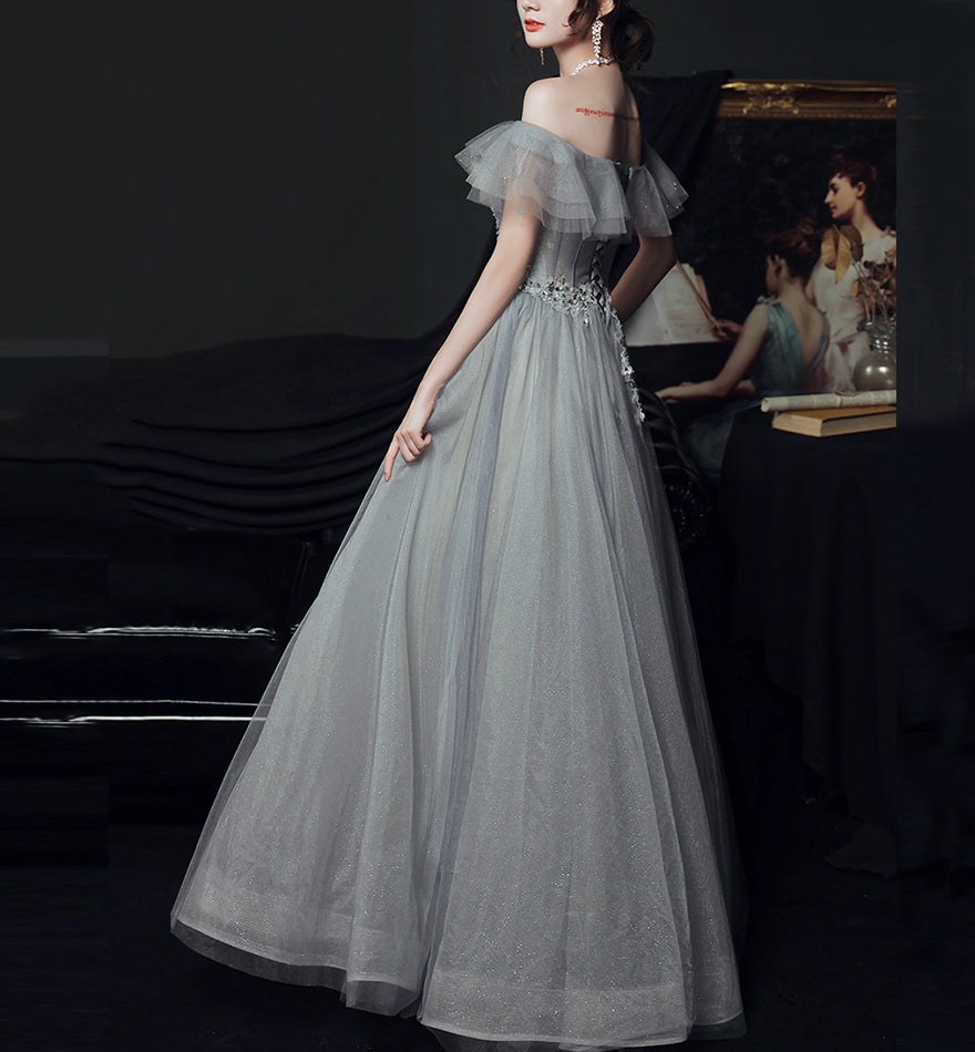 Gray tulle lace long prom dress evening dress  8436