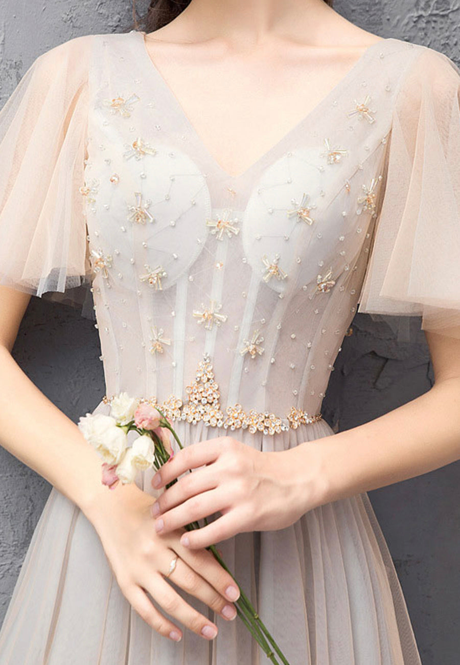 Champagne tulle beads prom dress evening dress  8494