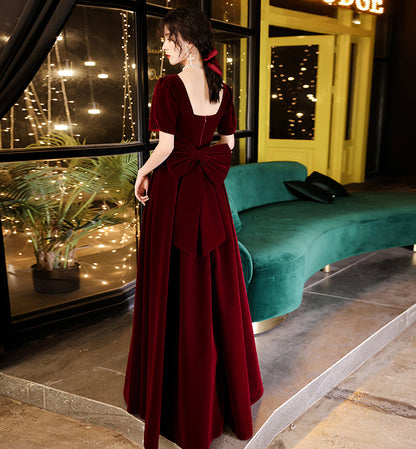 Cute velvet short prom dress with bow party dress  8479