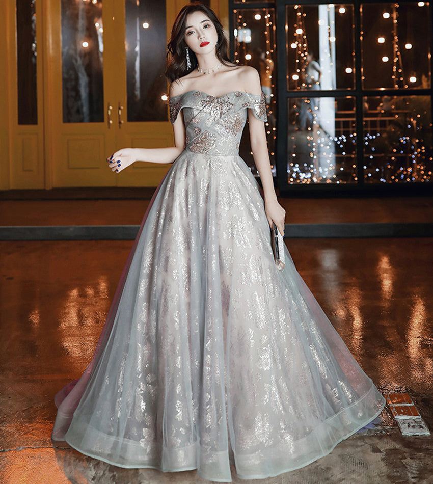 Shiny tulle sequins long prom dress evening dress  8537