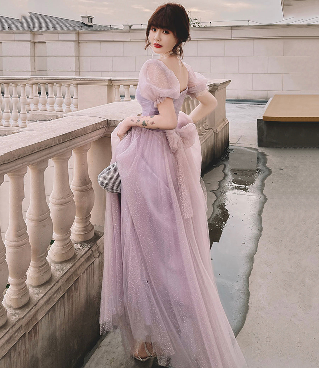 Purple tulle long A line prom dress evening dress  8854