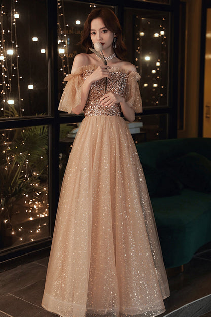 Gold sequins long A line prom dress evening dress  8859