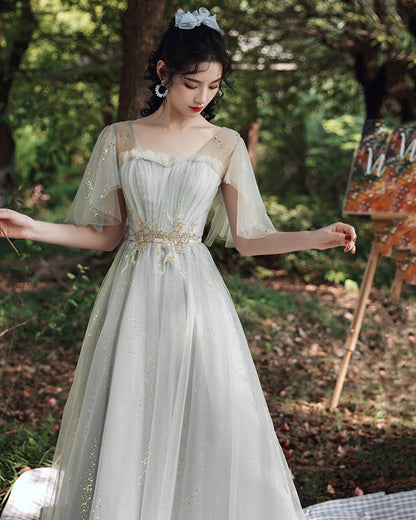 Cute tulle long A line prom dress evening dress  8867