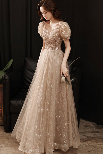 Gold tulle beads long A line prom dress evening dress  8860