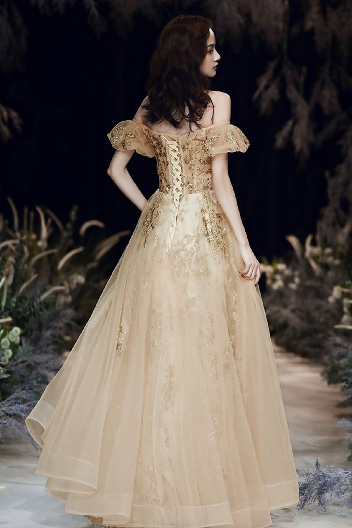 Gold tulle sequins long prom dress A line evening dress  8880