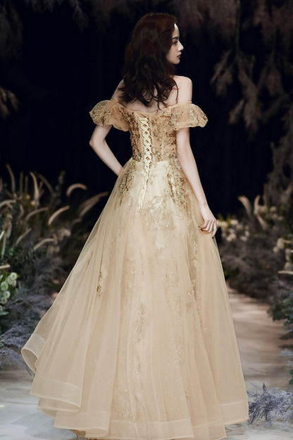 Gold tulle sequins long prom dress A line evening dress  8880