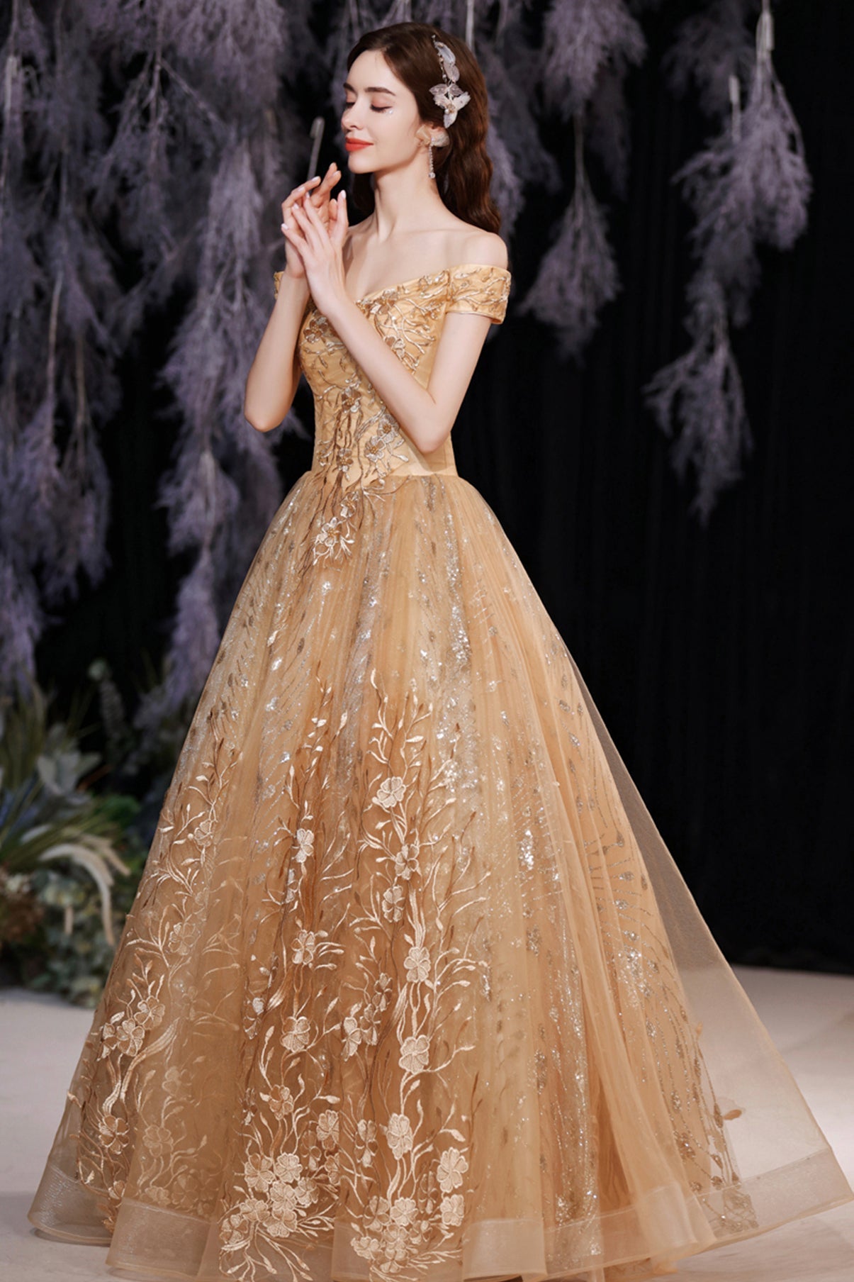 Gold tulle sequins long A line prom dress evening dress  8861