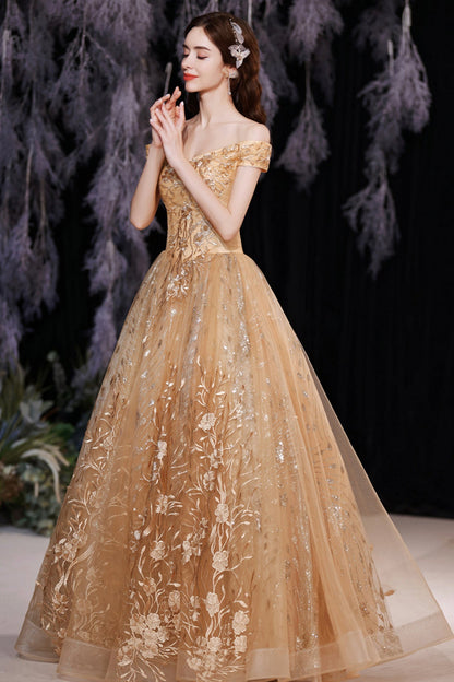 Gold tulle sequins long A line prom dress evening dress  8861