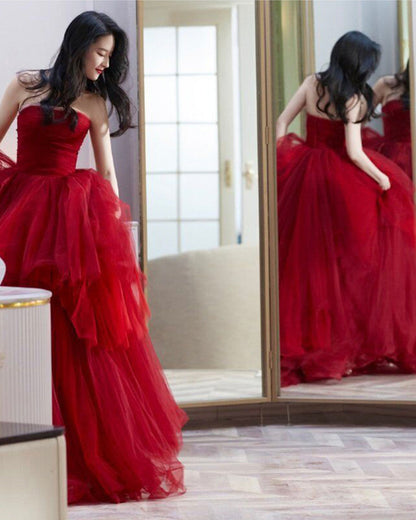 Red tulle long A line prom dress red evening dress  8902