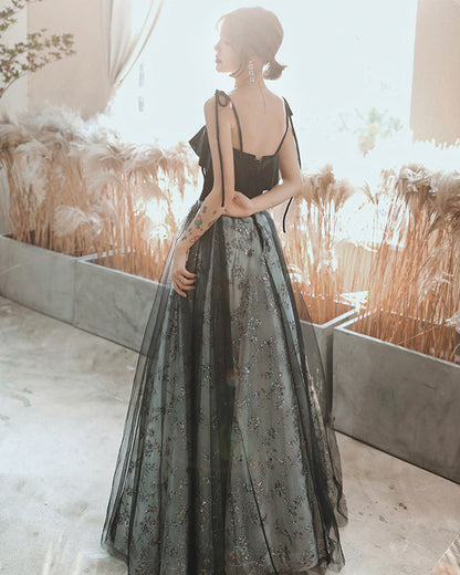 Black tulle sequins long prom dress black evening dress  8901
