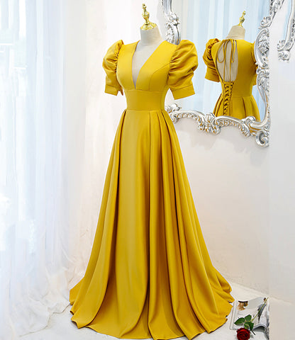 Yellow satin long A line prom dress evening dress  8847