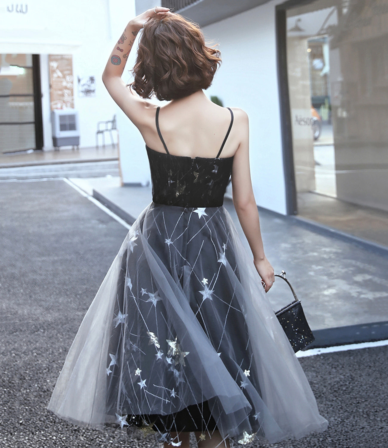Black tulle short prom dress with star  8850