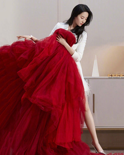 Red tulle long A line prom dress red evening dress  8902