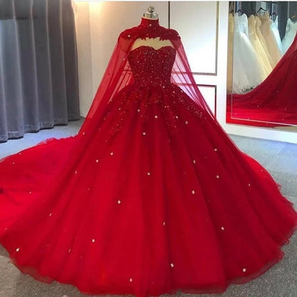 Vestido de novia rojo con cristales y escote en V para quinceañera, vestido de fiesta con cola.