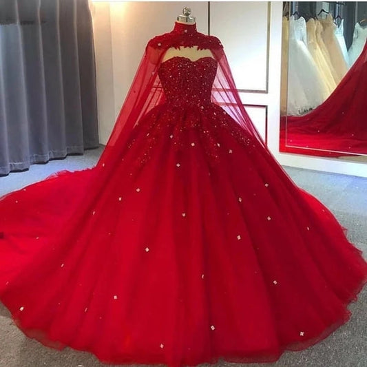 Vestido de novia rojo con cristales y escote en V para quinceañera, vestido de fiesta con cola.
