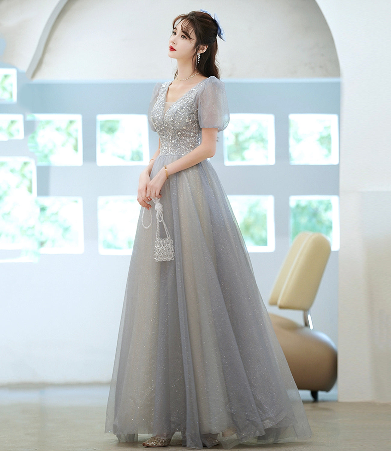 ray tulle beads long prom dress evening dress  8967