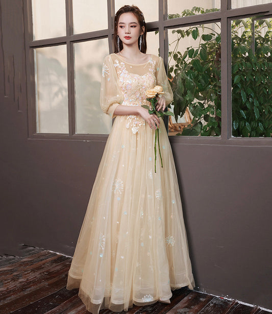 Champagne tulle lace long prom gown evening gown  8944