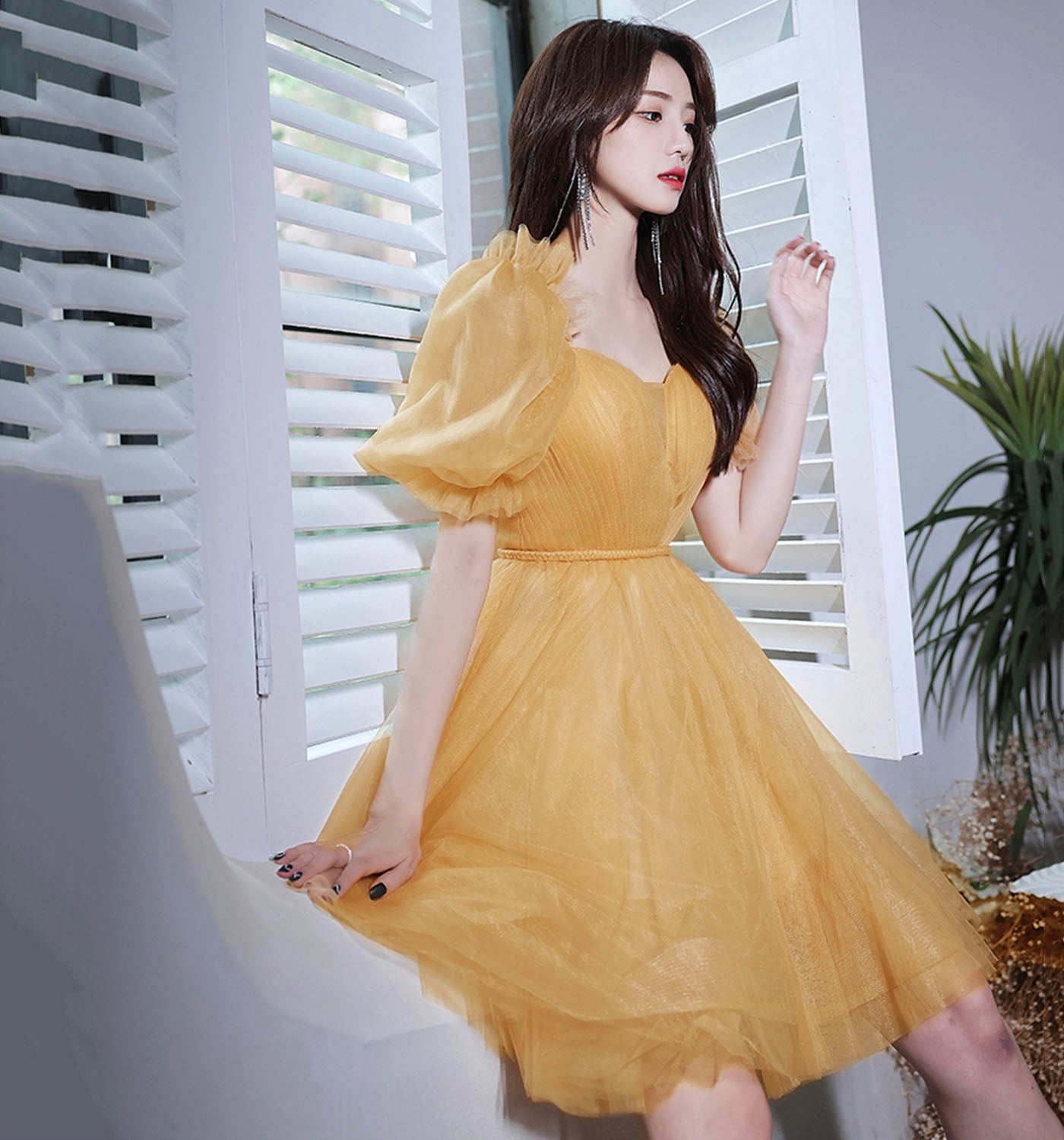 Yellow tulle short prom dress party dress  8975