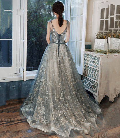 Gray tulle sequins long prom dress evening dress 8968