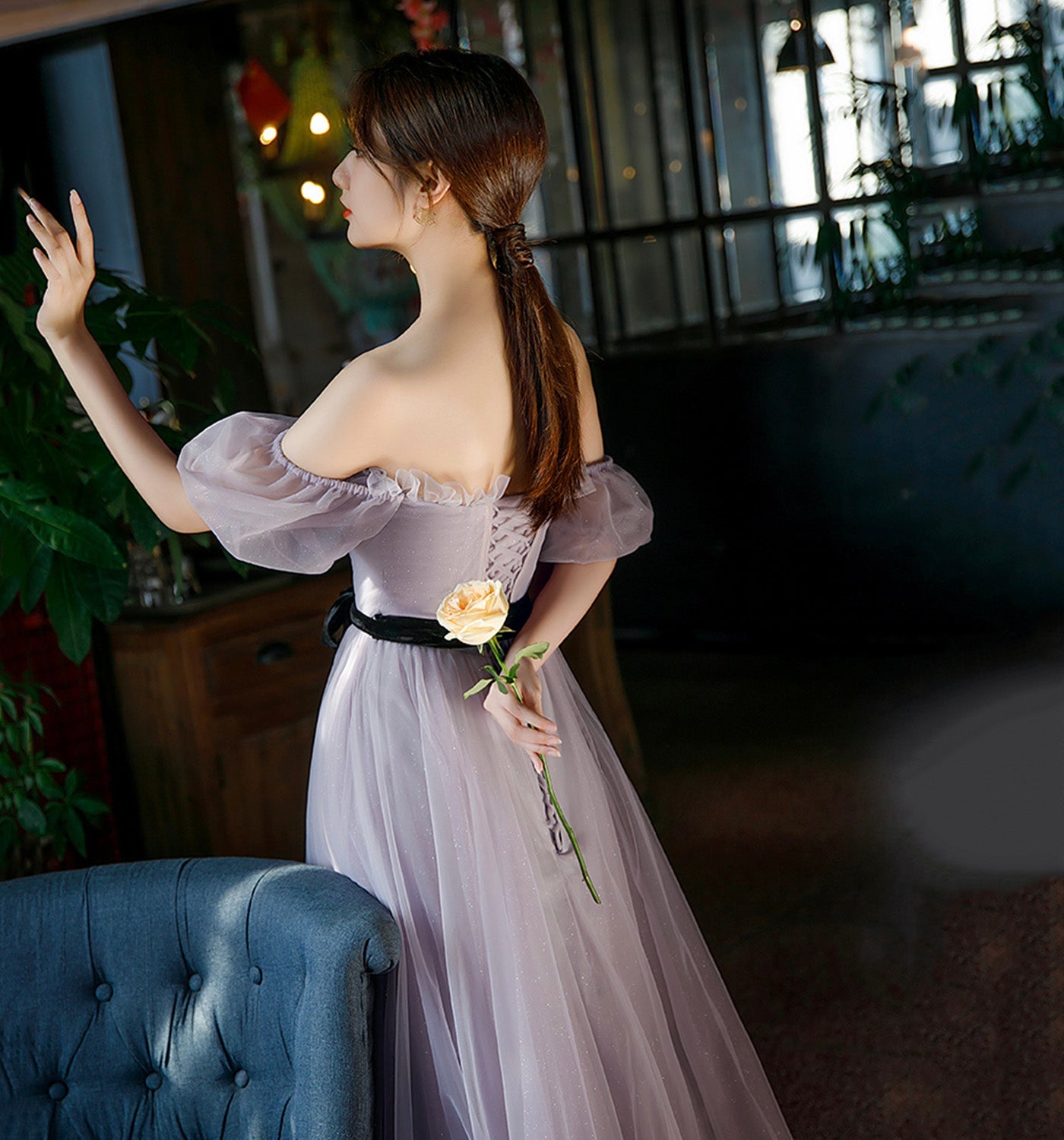 Purple tulle long A line prom gown evening gown  8951