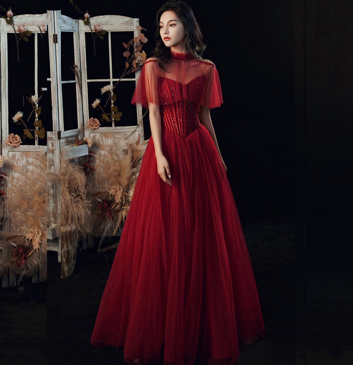 Burgundy tulle sequins long ball gown dress evening gown  8954