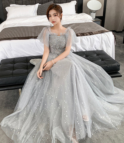 Gray tulle lace long prom dress evening dress  8945