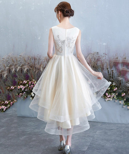 Champagne tulle lace high low prom dress party dress  8420