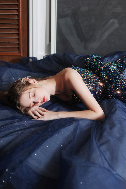 Shiny sequins long prom dress A line evening dress  8577