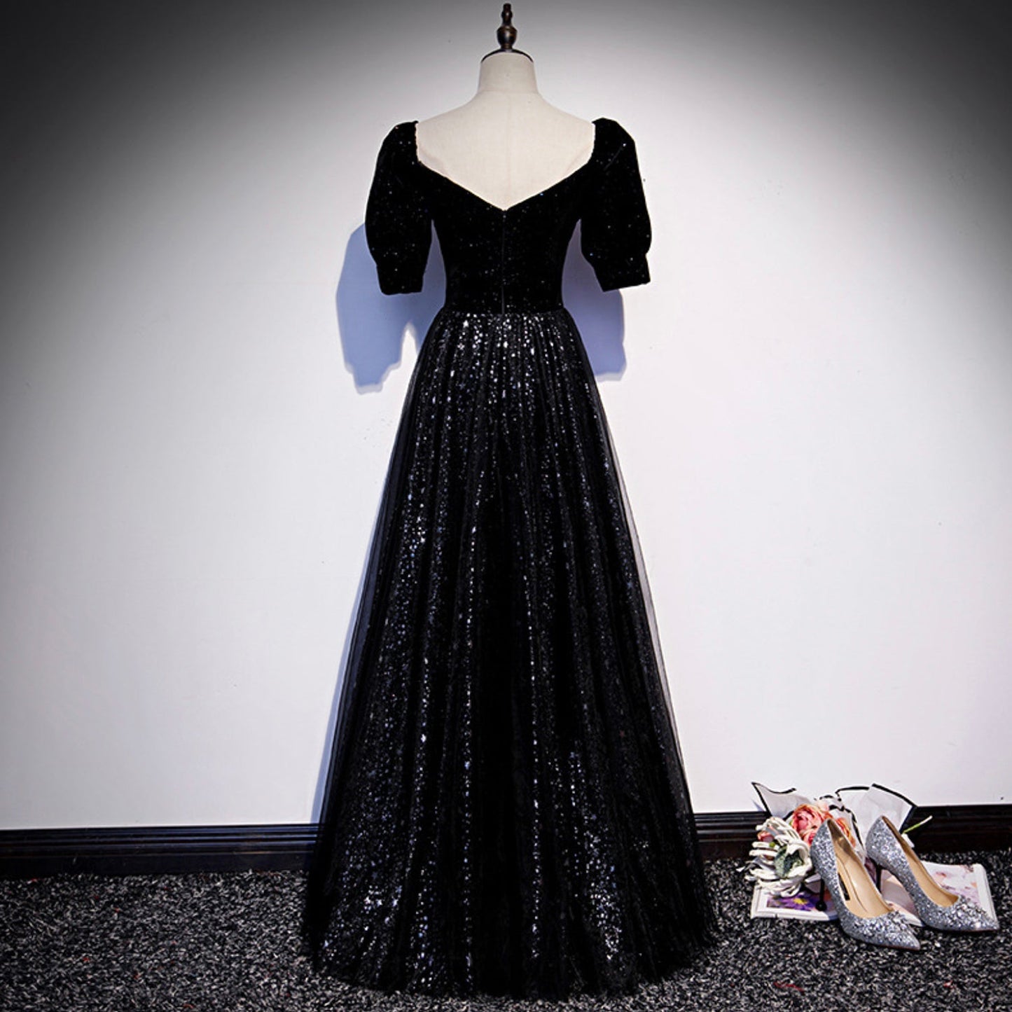 Black tulle long prom dress A line evening gown  10105